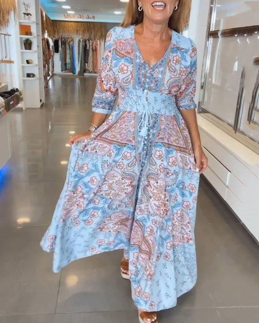 Kwiatowa sukienka kwiatowa w szyku V-Neck