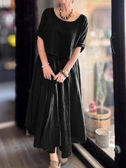 💐✨ Owet i elegancki dwupunktowy zestaw z bluzką z okrągłym szyją i spódnicą w bawełnianej i lnianej dla kobiet