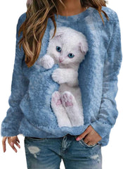 Damskie pulowerowe topy w stylu casual, w paski, damskie, zwierzęce, na co dzień, luźne, z nadrukiem uroczego kota, z długim rękawem, wokół szyi, zimową jesienią