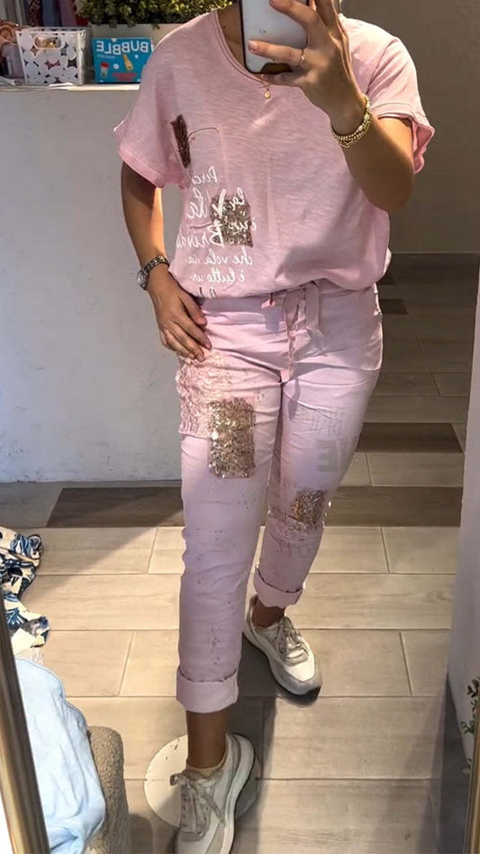 Damski swobodny zestaw topu i spodni z dekoltem w serek i złotym nadrukiem