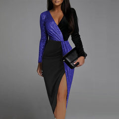 💎Seksowna dopasowana sukienka midi z dekoltem w szpic. Casualowa, zapinana na zamek, z długim rękawem, błyszcząca mini sukienka na imprezę