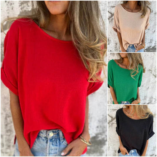 💖 Agies kolorowy top z krótkim rękawem i okrągłym dekoltem