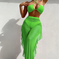 Elegancki 3-częściowy zestaw bikini z przezroczystymi spodniami zakrywającymi i topem typu halter