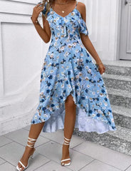 Elegancki kwiatowy nadruk w szpic w dekolcie midi dla kobiet