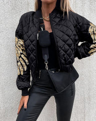 Pikowana kurtka puchowa z kontrastowymi cekinami i wzorem skrzydeł anioła