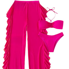 Elegancki 3-częściowy zestaw bikini z przezroczystymi spodniami zakrywającymi i topem typu halter