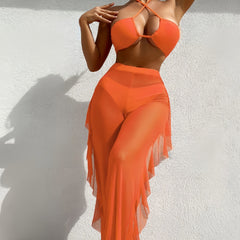 Elegancki 3-częściowy zestaw bikini z przezroczystymi spodniami zakrywającymi i topem typu halter