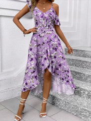 Elegancki kwiatowy nadruk w szpic w dekolcie midi dla kobiet