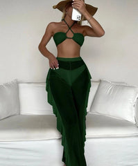 Elegancki 3-częściowy zestaw bikini z przezroczystymi spodniami zakrywającymi i topem typu halter