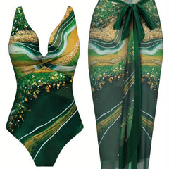 Elegancki dwuczęściowy kostium kąpielowy z marmurkowym nadrukiem