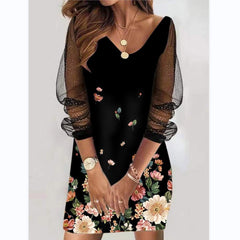 ✨Kontrastowa siatkowa cekinowa sukienka z długim rękawem i dekoltem w kształcie litery V