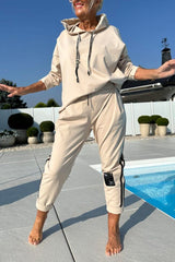 Damski, ściągany top z kapturem i spodniami w paski, swobodny garnitur