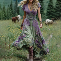 Classy Gradient Purple Lavender And Floral Printed Short Maxi Dress