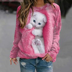 Damskie pulowerowe topy w stylu casual, w paski, damskie, zwierzęce, na co dzień, luźne, z nadrukiem uroczego kota, z długim rękawem, wokół szyi, zimową jesienią