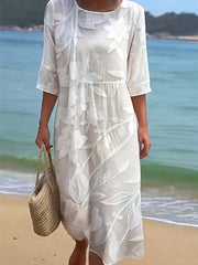 Damska sukienka casualowa z okrągłym dekoltem i średnim rękawem, z nadrukiem z bawełny i lnu