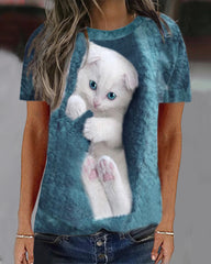 Damskie pulowerowe topy w stylu casual, w paski, damskie, zwierzęce, na co dzień, luźne, z nadrukiem uroczego kota, z długim rękawem, wokół szyi, zimową jesienią