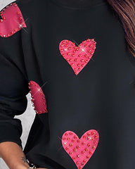Bluza z długim rękawem i nadrukiem w kształcie serca, ozdobiona kryształkami