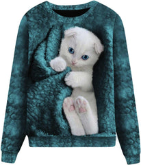 Damskie pulowerowe topy w stylu casual, w paski, damskie, zwierzęce, na co dzień, luźne, z nadrukiem uroczego kota, z długim rękawem, wokół szyi, zimową jesienią