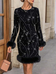 Damska Czarna aksamitna sukienka Sukienka koktajlowa Czarny złoty wzór Wykończenie ze sztucznego futra Płaszcz Do kolan Długi rękaw Impreza Elegancka Zima
