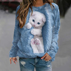 Damskie pulowerowe topy w stylu casual, w paski, damskie, zwierzęce, na co dzień, luźne, z nadrukiem uroczego kota, z długim rękawem, wokół szyi, zimową jesienią