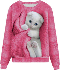 Damskie pulowerowe topy w stylu casual, w paski, damskie, zwierzęce, na co dzień, luźne, z nadrukiem uroczego kota, z długim rękawem, wokół szyi, zimową jesienią