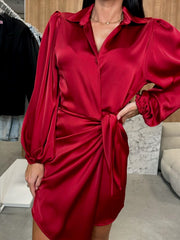 Women's Elegant Lace-Up Satin Shirt Dress