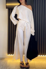 Damski zestaw składający się z krótkiego topu i spodni z szerokimi nogawkami