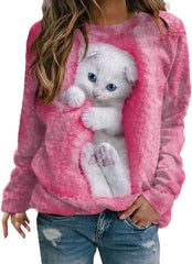 Damskie pulowerowe topy w stylu casual, w paski, damskie, zwierzęce, na co dzień, luźne, z nadrukiem uroczego kota, z długim rękawem, wokół szyi, zimową jesienią