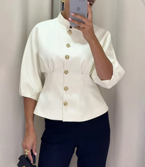 Elegancka koszula ze stójką i wysokim stanem