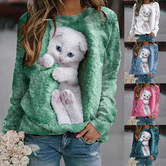 Damskie pulowerowe topy w stylu casual, w paski, damskie, zwierzęce, na co dzień, luźne, z nadrukiem uroczego kota, z długim rękawem, wokół szyi, zimową jesienią