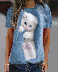 Damskie pulowerowe topy w stylu casual, w paski, damskie, zwierzęce, na co dzień, luźne, z nadrukiem uroczego kota, z długim rękawem, wokół szyi, zimową jesienią