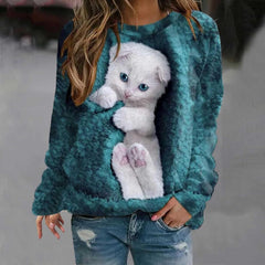 Damskie pulowerowe topy w stylu casual, w paski, damskie, zwierzęce, na co dzień, luźne, z nadrukiem uroczego kota, z długim rękawem, wokół szyi, zimową jesienią