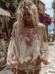 Koszula damska vintage z haftem w kolorze różowej róży, casualowa, z okrągłym dekoltem