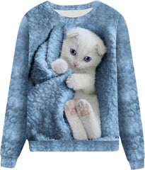 Damskie pulowerowe topy w stylu casual, w paski, damskie, zwierzęce, na co dzień, luźne, z nadrukiem uroczego kota, z długim rękawem, wokół szyi, zimową jesienią