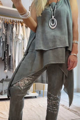 Damski top na co dzień w jednolitym kolorze, bez rękawów, z nieregularnym brzegiem