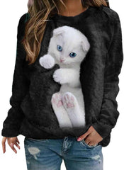 Damskie pulowerowe topy w stylu casual, w paski, damskie, zwierzęce, na co dzień, luźne, z nadrukiem uroczego kota, z długim rękawem, wokół szyi, zimową jesienią