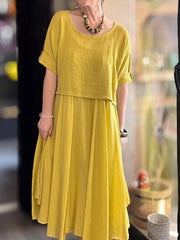 💐✨ Owet i elegancki dwupunktowy zestaw z bluzką z okrągłym szyją i spódnicą w bawełnianej i lnianej dla kobiet