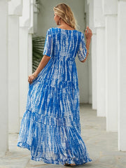 Damska szyfonowa sukienka na co dzień z nadrukiem, dekoltem w szpic, długą spódnicą, sukienka maxi, wakacyjna plaża z krótkim rękawem, lato