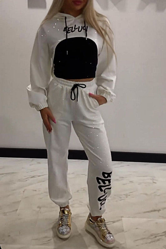 Dwuczęściowy zestaw damskich topów i spodni w modny diamentowy patchwork