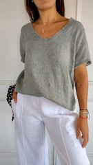 Damski krótki, swobodny top z dekoltem w kształcie litery V