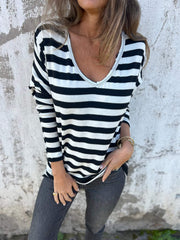 Damski top w paski, z długimi rękawami i dekoltem w kształcie litery V