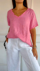 Damski krótki, swobodny top z dekoltem w kształcie litery V