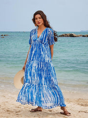 Damska szyfonowa sukienka na co dzień z nadrukiem, dekoltem w szpic, długą spódnicą, sukienka maxi, wakacyjna plaża z krótkim rękawem, lato