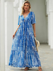 Damska szyfonowa sukienka na co dzień z nadrukiem, dekoltem w szpic, długą spódnicą, sukienka maxi, wakacyjna plaża z krótkim rękawem, lato