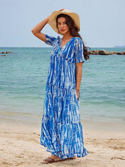 Damska szyfonowa sukienka na co dzień z nadrukiem, dekoltem w szpic, długą spódnicą, sukienka maxi, wakacyjna plaża z krótkim rękawem, lato