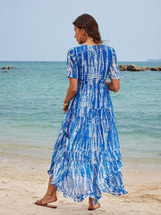 Damska szyfonowa sukienka na co dzień z nadrukiem, dekoltem w szpic, długą spódnicą, sukienka maxi, wakacyjna plaża z krótkim rękawem, lato