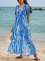 Damska szyfonowa sukienka na co dzień z nadrukiem, dekoltem w szpic, długą spódnicą, sukienka maxi, wakacyjna plaża z krótkim rękawem, lato