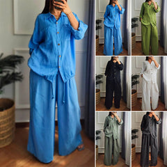 Bawełniany i lniany top z sznurkiem oraz bawełnianymi i lnianymi spodniami