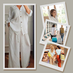 Bawełniany i lniany top z sznurkiem oraz bawełnianymi i lnianymi spodniami