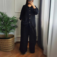 Bawełniany i lniany top z sznurkiem oraz bawełnianymi i lnianymi spodniami